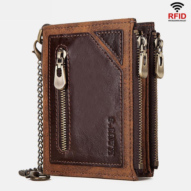 Vintage RFID GenuineLeather Bifold Coin Wallet With Chain