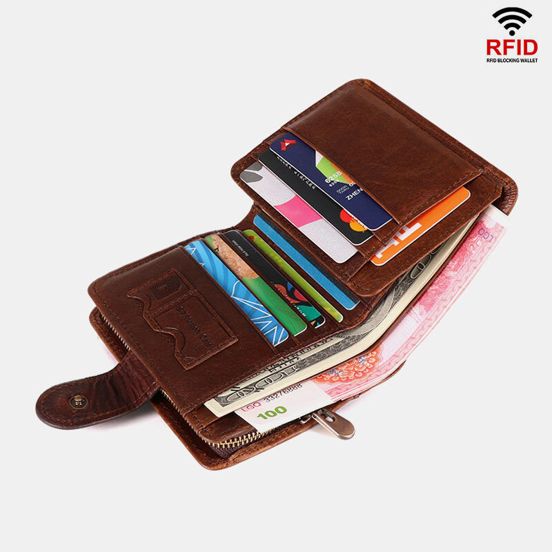 12 Card Slots Genuine Leather RFID Anti theft Short Wallet